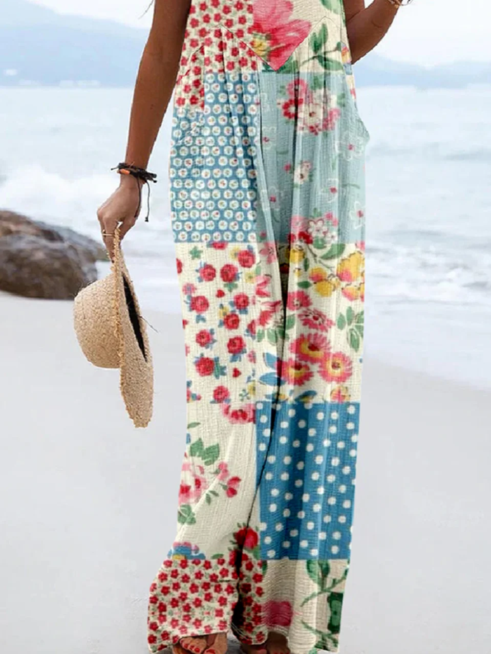 Women Sleeveless Loose Long Daily Vintage Polka Dots Mid Waist Overall Jumpsuit