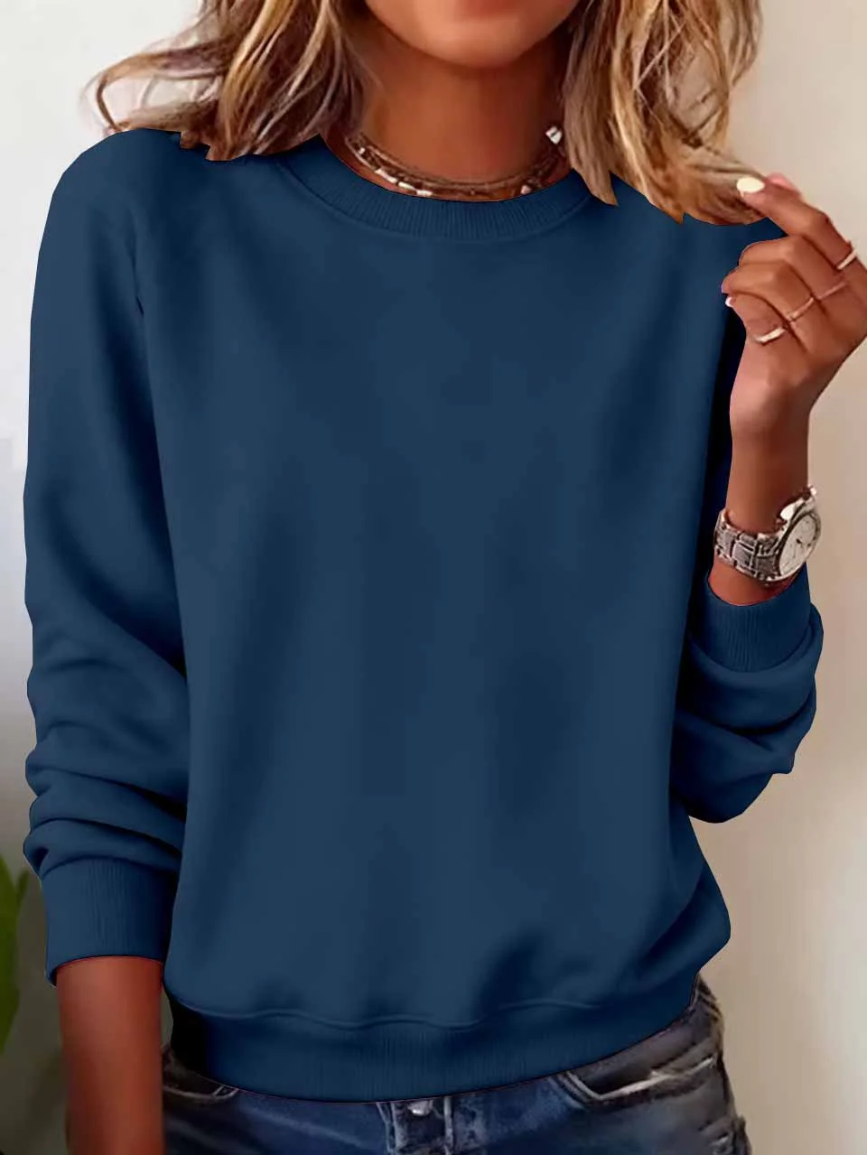 Casual Crew Neck Plain Sweatshirt