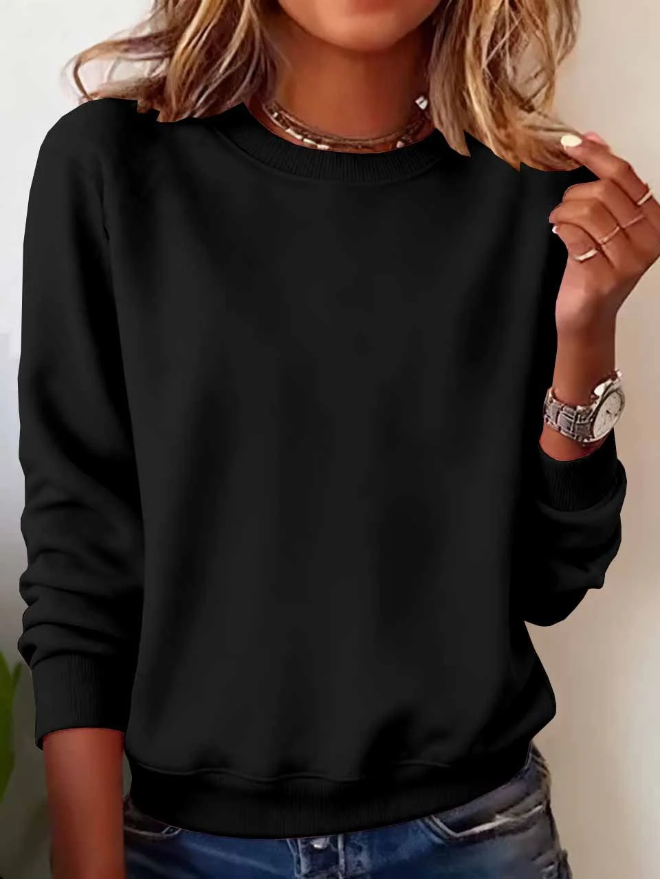 Casual Crew Neck Plain Sweatshirt