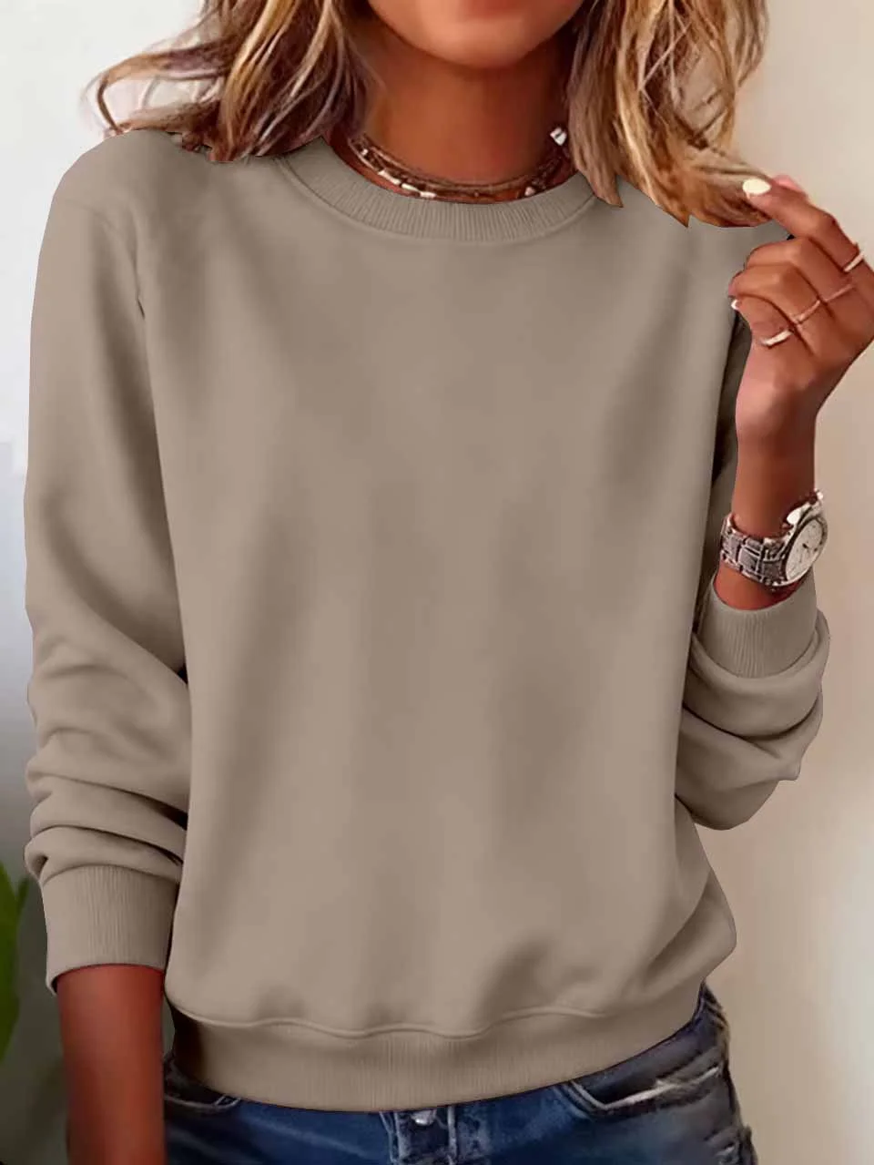Casual Crew Neck Plain Sweatshirt