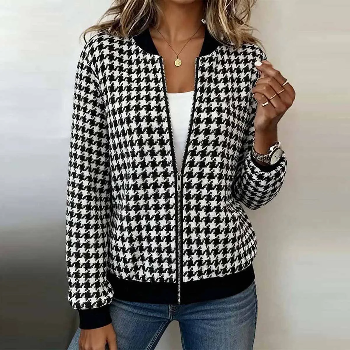 Women Spring/Fall Outerwear Casual Geometric Long Sleeve Stand Collar Jacket