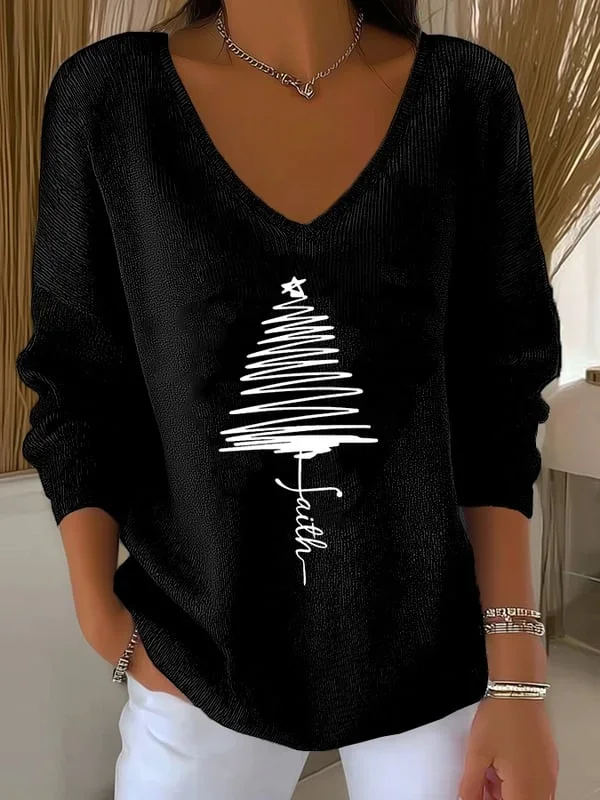 Casual Christmas V Neck Long Sleeve T-shirt