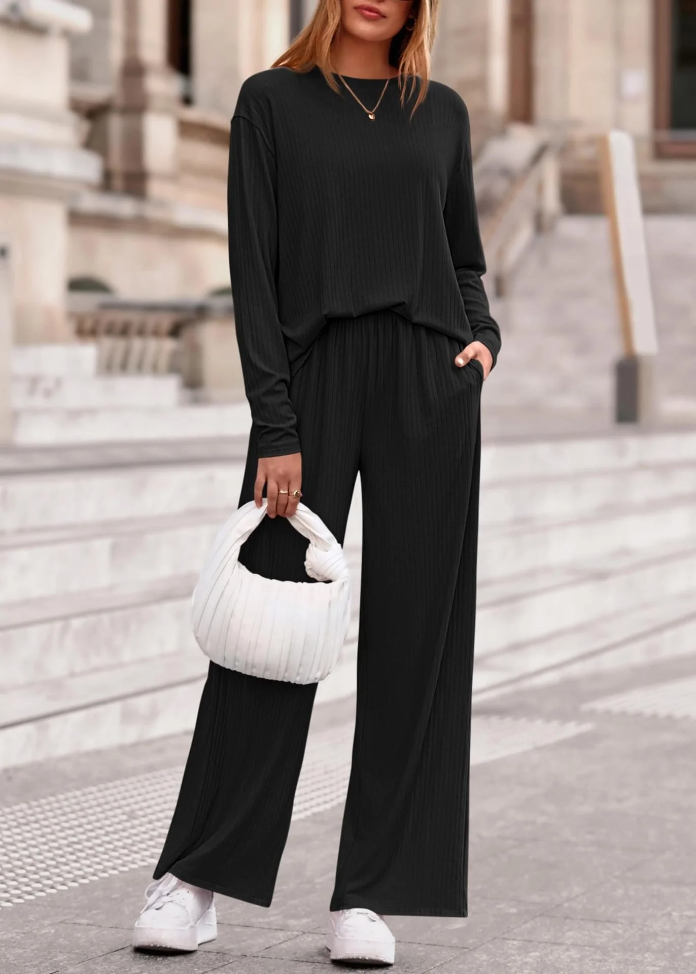 Women Plain Two-Piece Set Daily Long Sleeve Casual Spring/Fall Top With Pants Matching Set