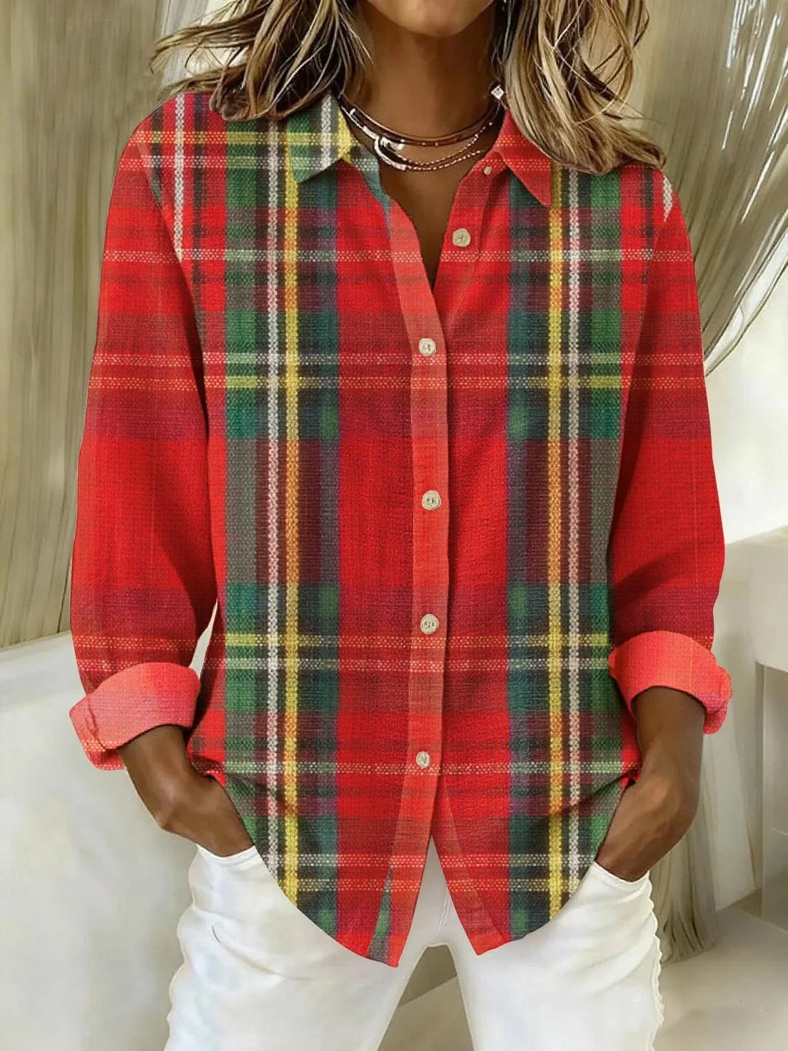 Shawl Collar Long Sleeve Plaid Regular Loose Shirt For Women