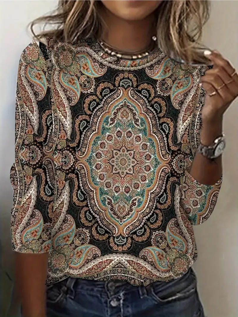 Casual Ethnic Crew Neck Long Sleeve T-shirt