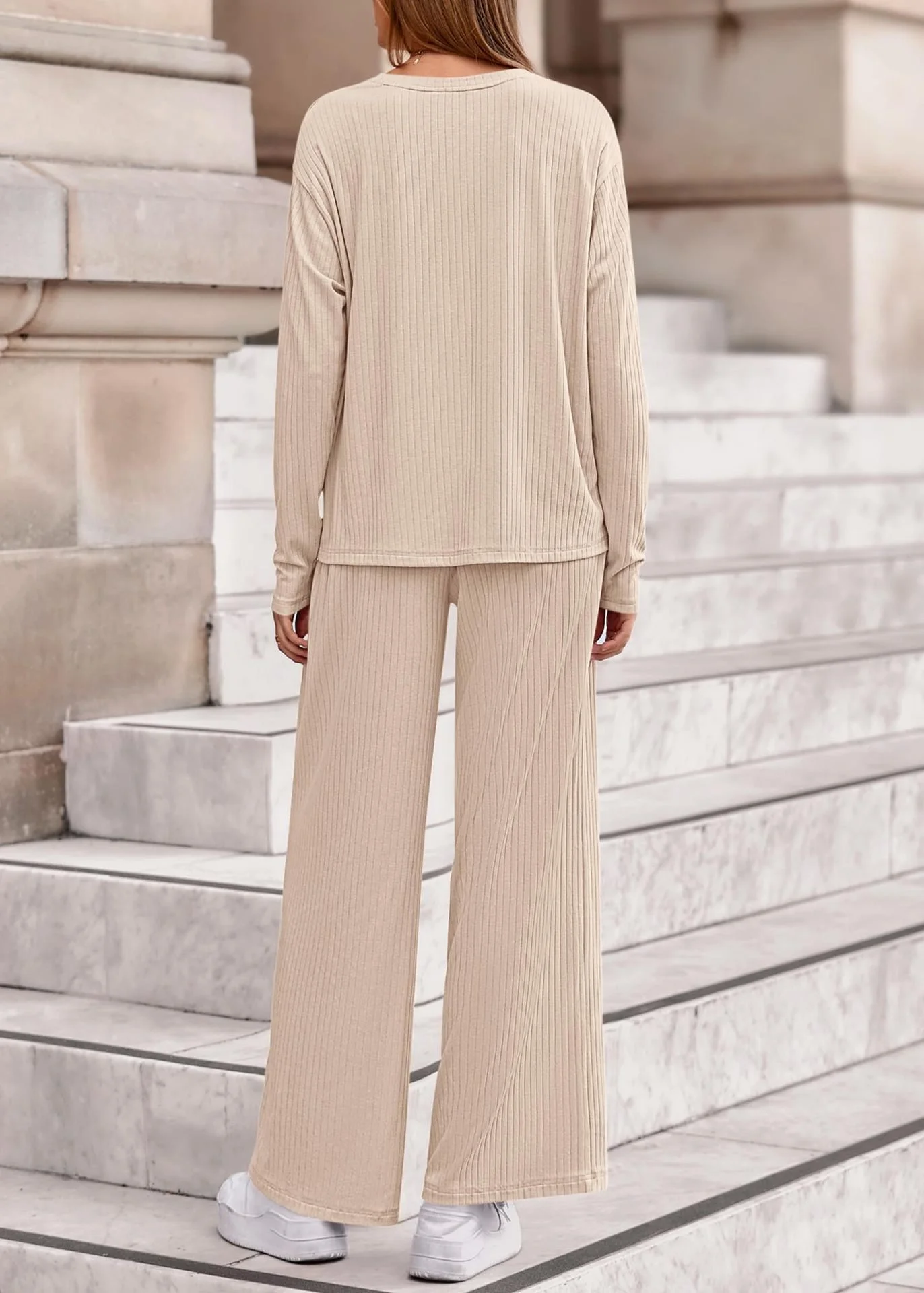 Women Plain Two-Piece Set Daily Long Sleeve Casual Spring/Fall Top With Pants Matching Set