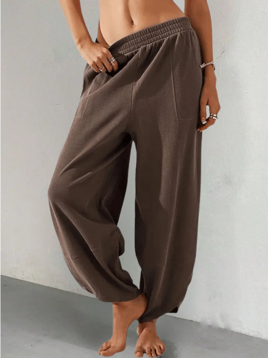 Women Plain Long Elastic Waist Pants Casual Spring/Fall Trousers