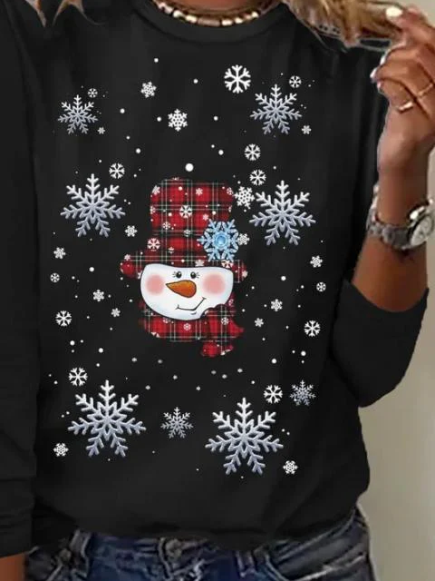 Casual Christmas Snowman Crew Neck Long Sleeve T-shirt