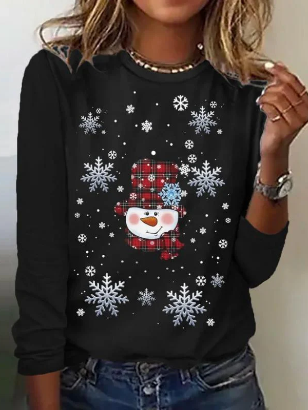 Casual Christmas Snowman Crew Neck Long Sleeve T-shirt