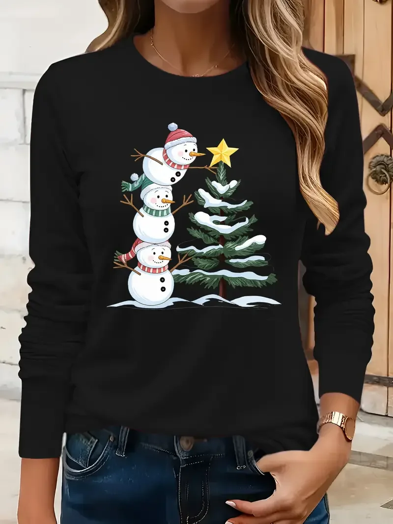 Casual Christmas Snowman Crew Neck Long Sleeve T-shirt