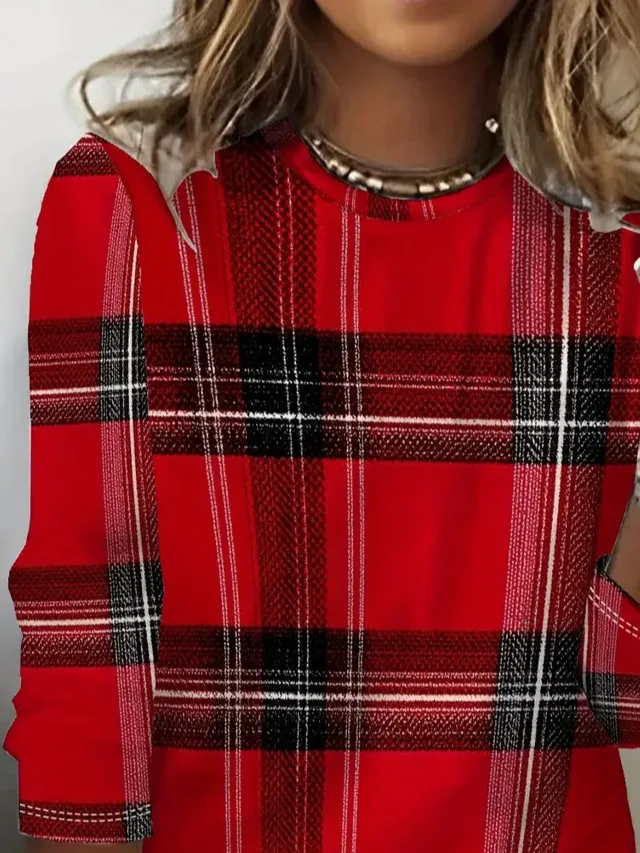 Casual Plaid Crew Neck Long Sleeve T-shirt