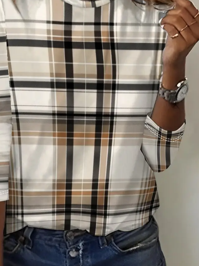 Casual Plaid Crew Neck Long Sleeve T-shirt