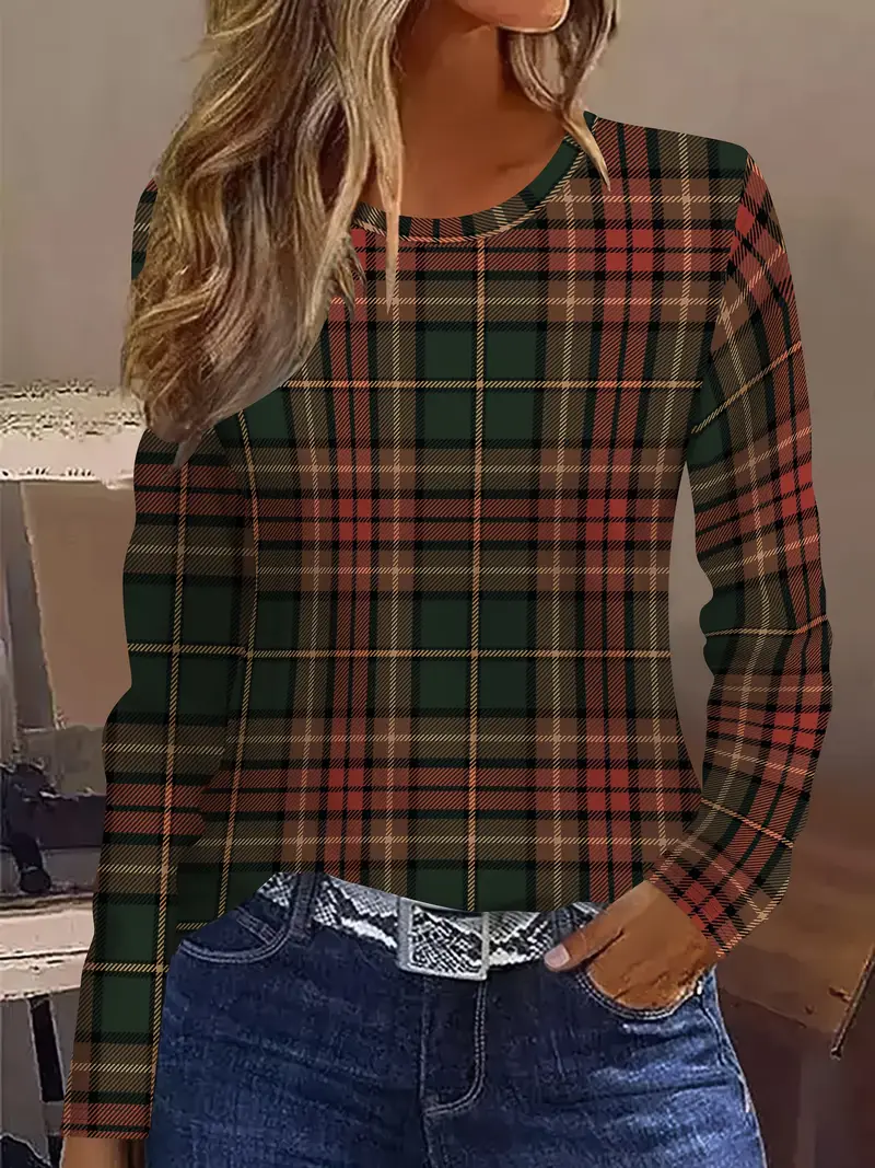 Casual Plaid Crew Neck Long Sleeve T-shirt