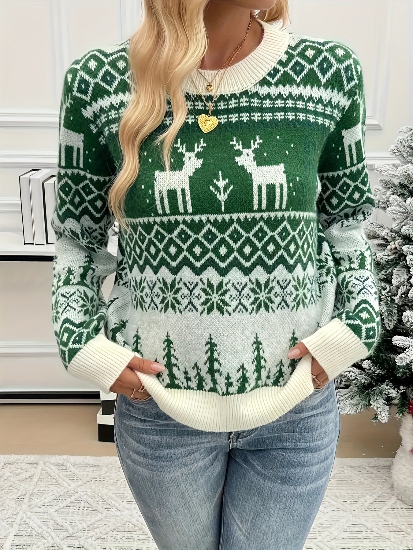 Women Cotton Geometric Long Sleeve Comfy Casual Sweater