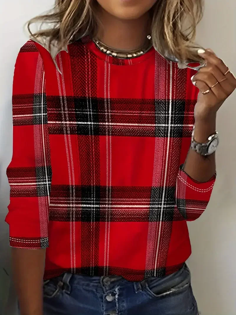 Casual Plaid Crew Neck Long Sleeve T-shirt