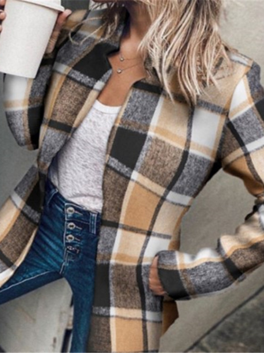 Women Spring/Fall Outerwear Casual Split Joint Plain Long Sleeve Lapel Collar Jacket