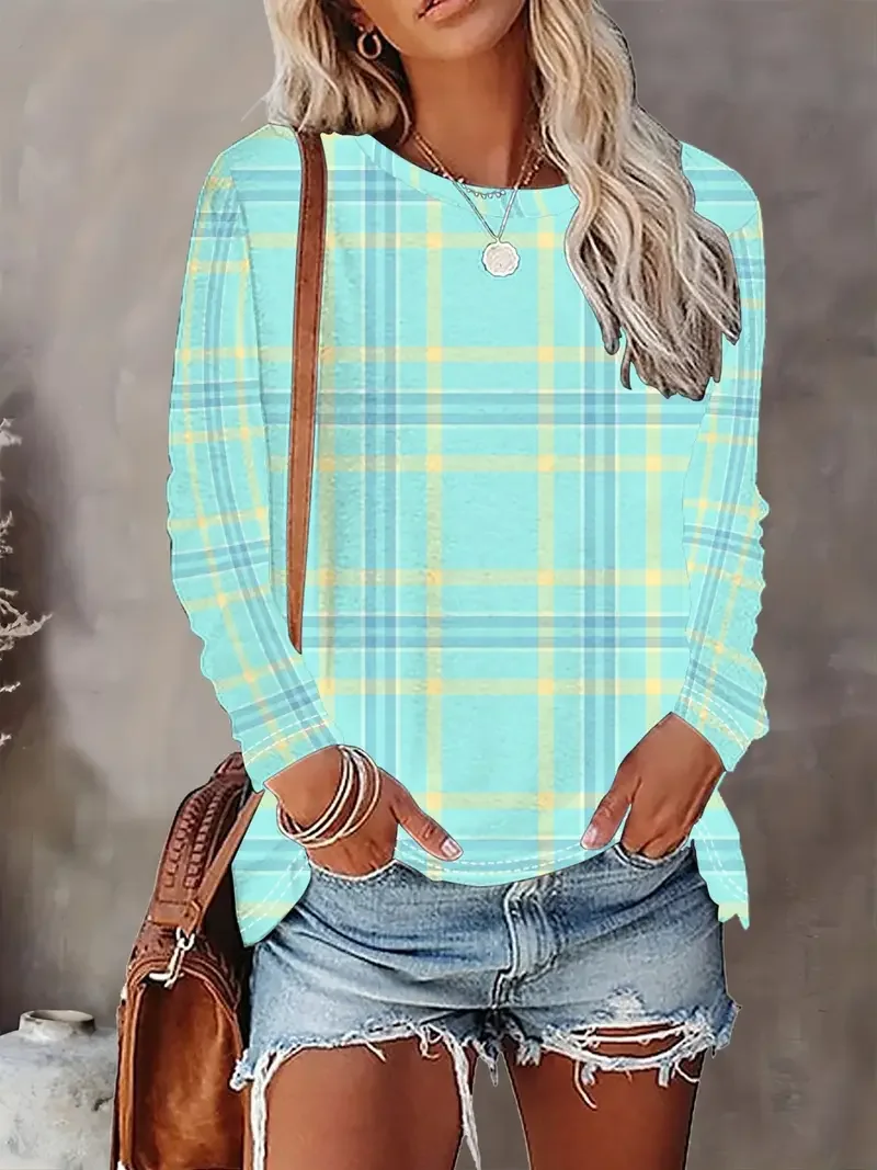 Casual Plaid Crew Neck Long Sleeve T-shirt