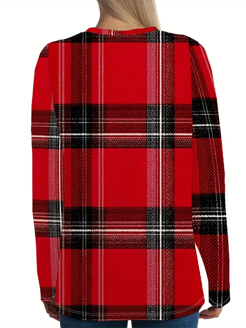 Casual Plaid Crew Neck Long Sleeve T-shirt