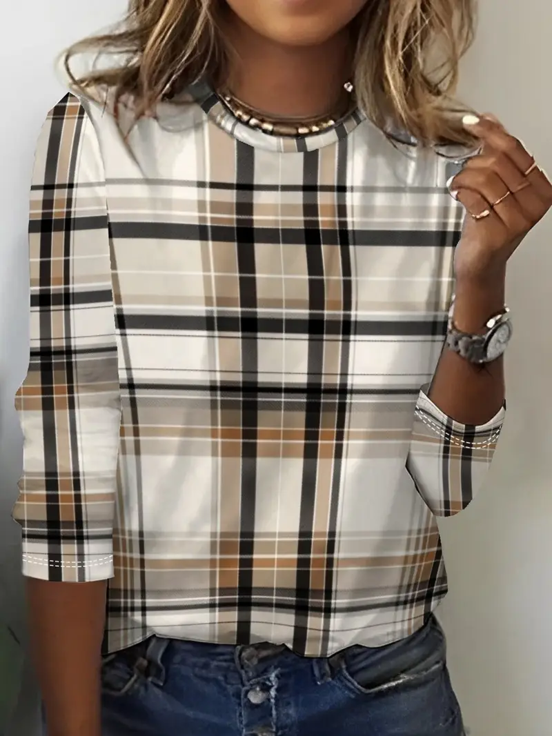 Casual Plaid Crew Neck Long Sleeve T-shirt