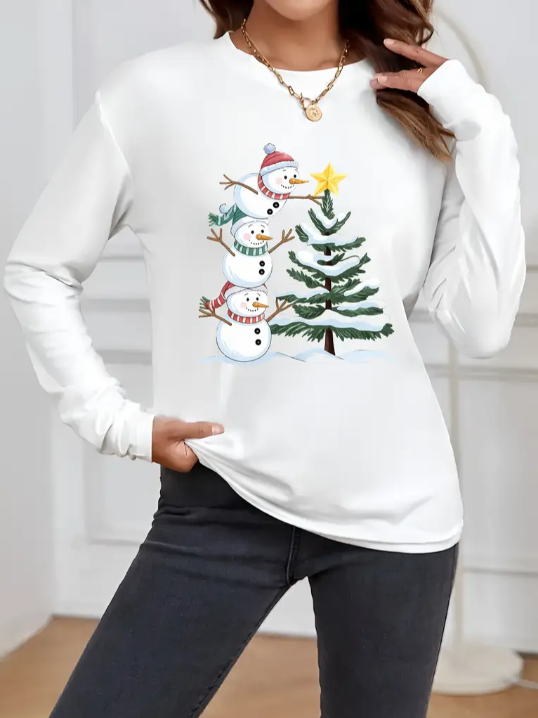 Casual Christmas Snowman Crew Neck Long Sleeve T-shirt