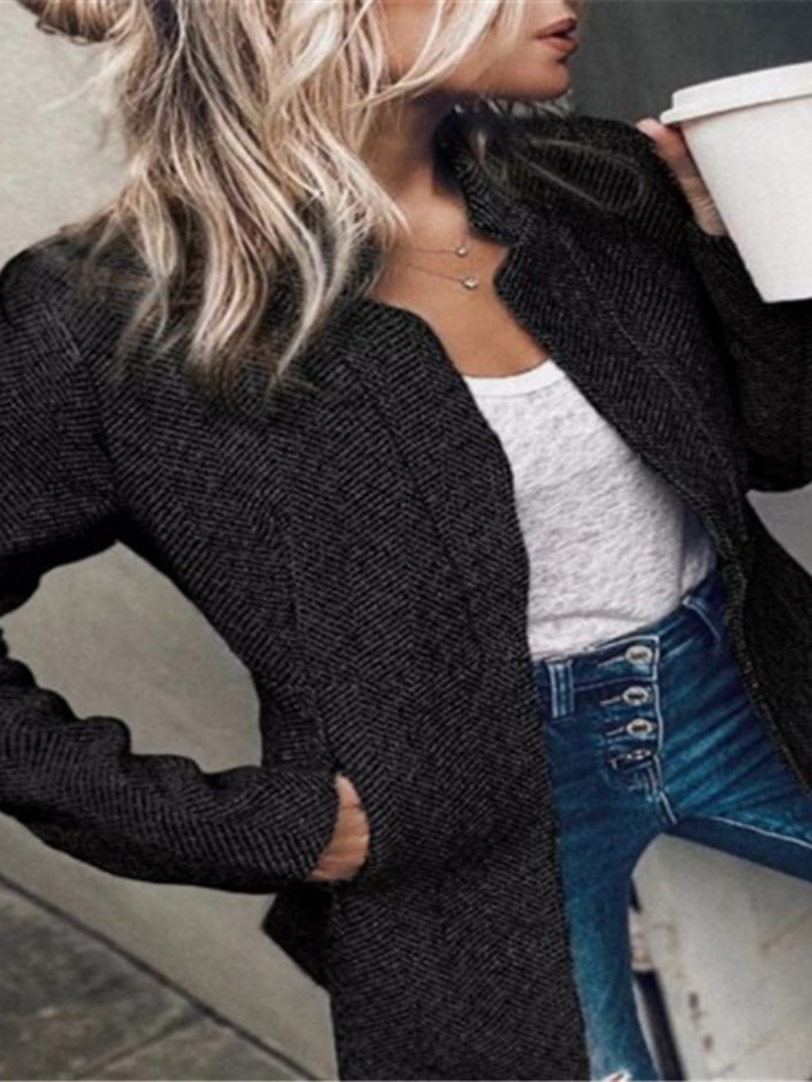 Women Spring/Fall Outerwear Casual Split Joint Plain Long Sleeve Lapel Collar Jacket
