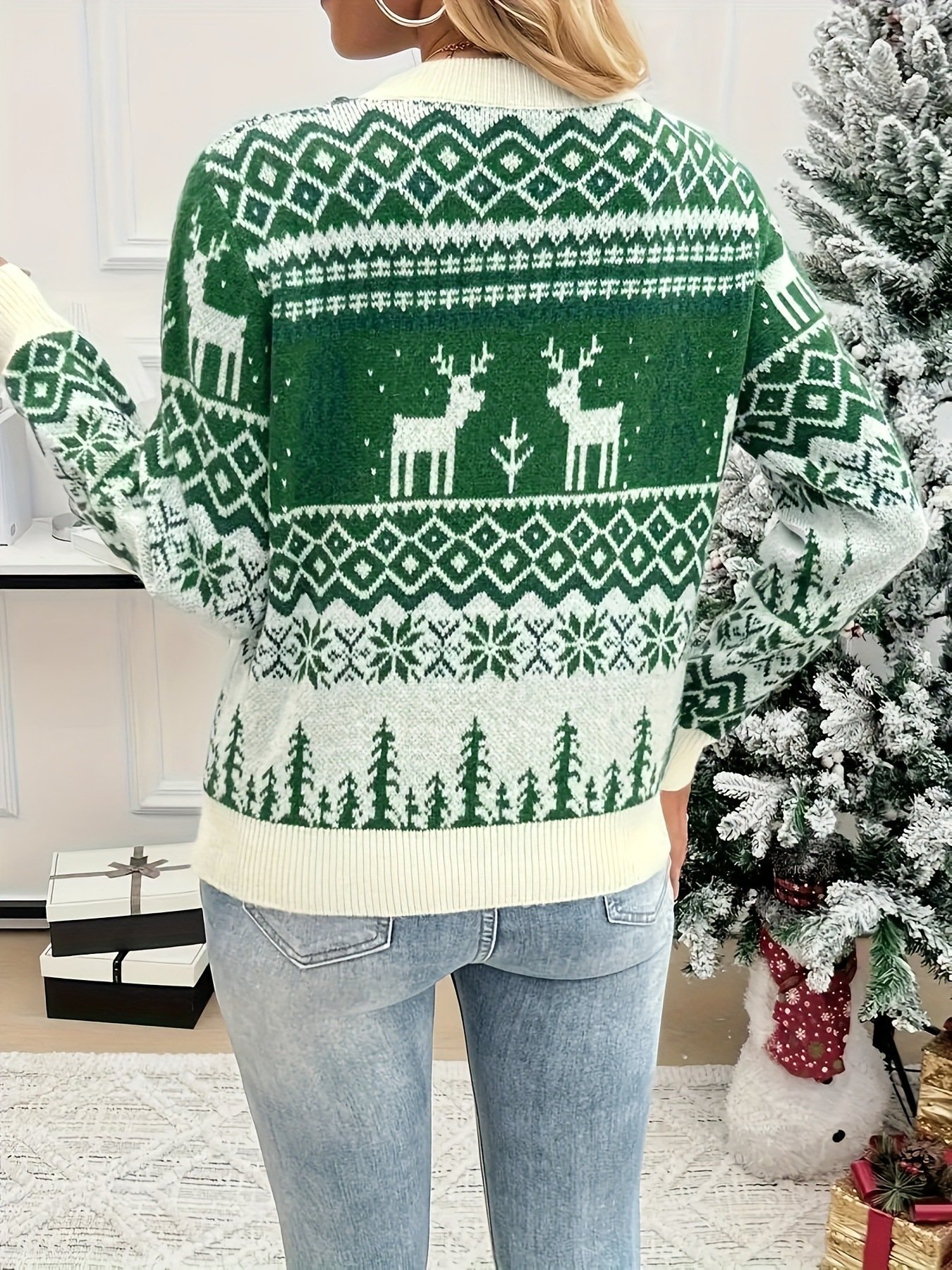 Women Cotton Geometric Long Sleeve Comfy Casual Sweater