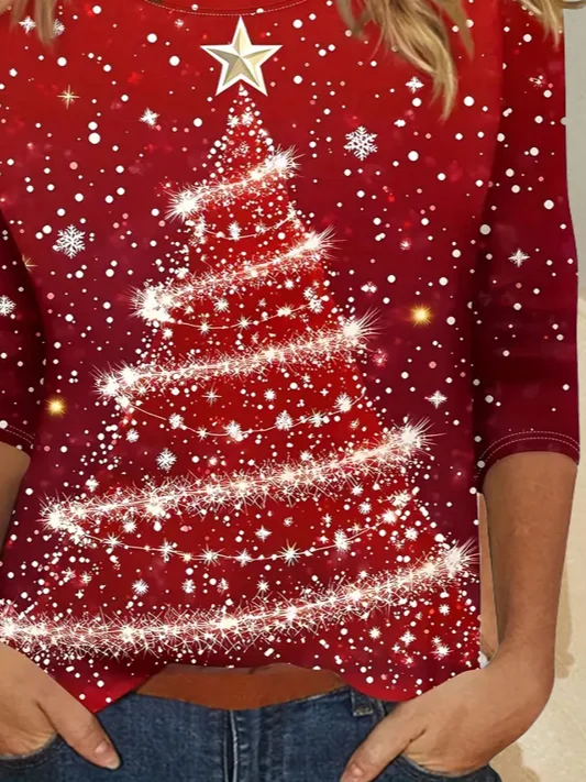Casual Christmas Crew Neck Long Sleeve T-shirt