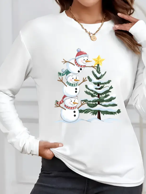 Casual Christmas Snowman Crew Neck Long Sleeve T-shirt