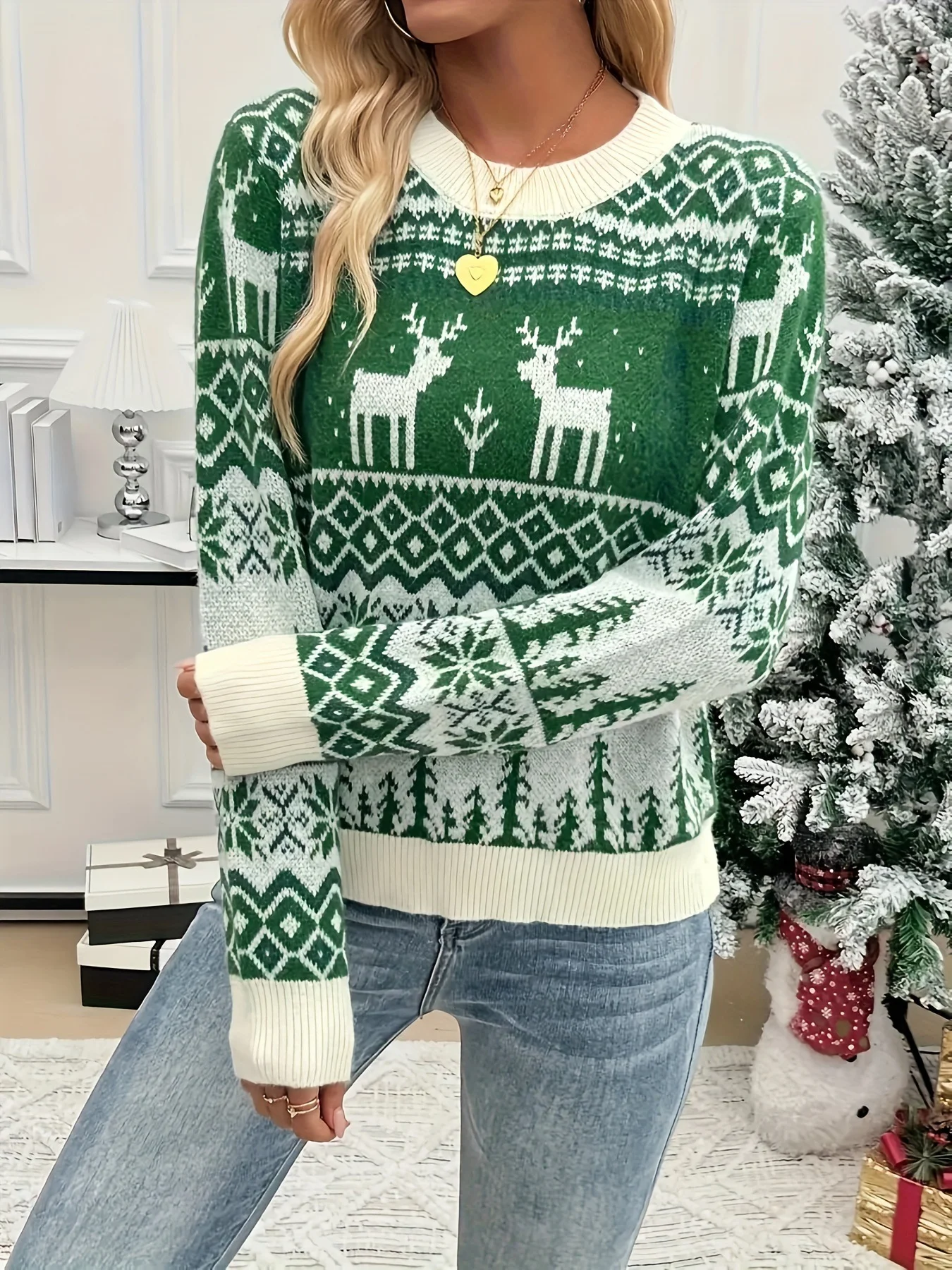 Women Cotton Geometric Long Sleeve Comfy Casual Sweater