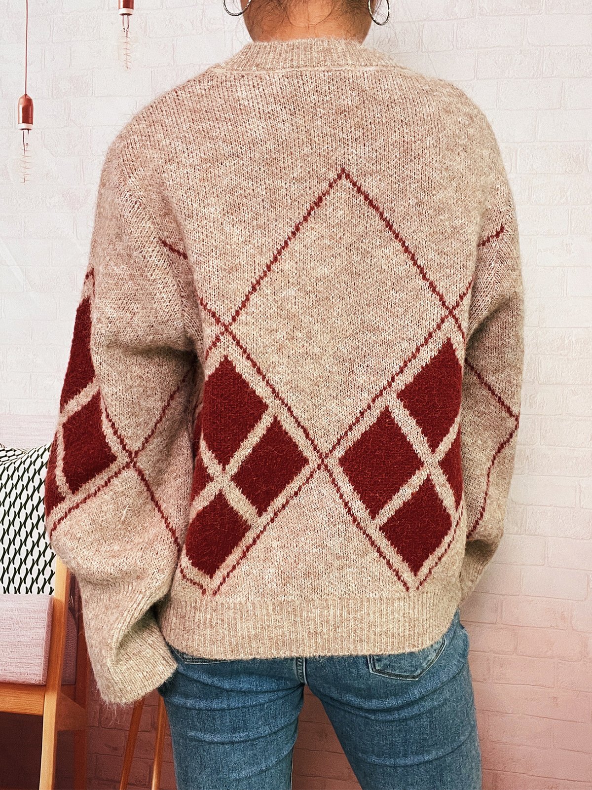 Women Cotton Geometric Long Sleeve Comfy Casual Sweater