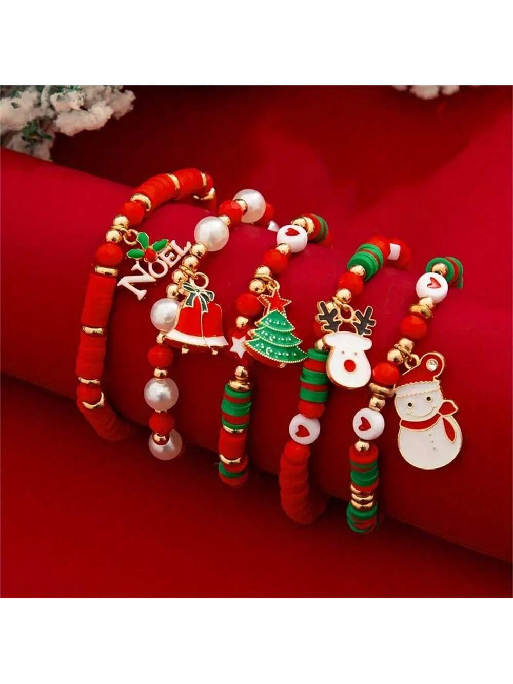 Christmas 6-Pack Cute Elk Polymer Clay Bracelet Set Women's Party Gift