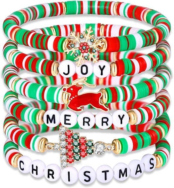 Christmas 6-Pack Cute Elk Polymer Clay Bracelet Set Women's Party Gift