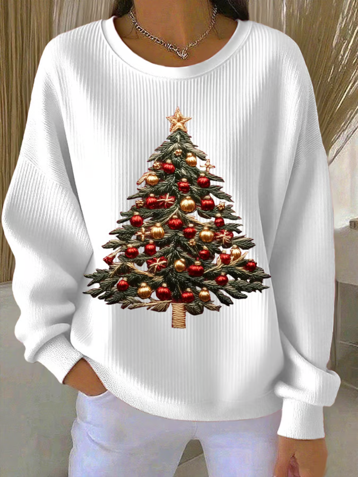 Casual Crew Neck Christmas Tree Sweatshirt