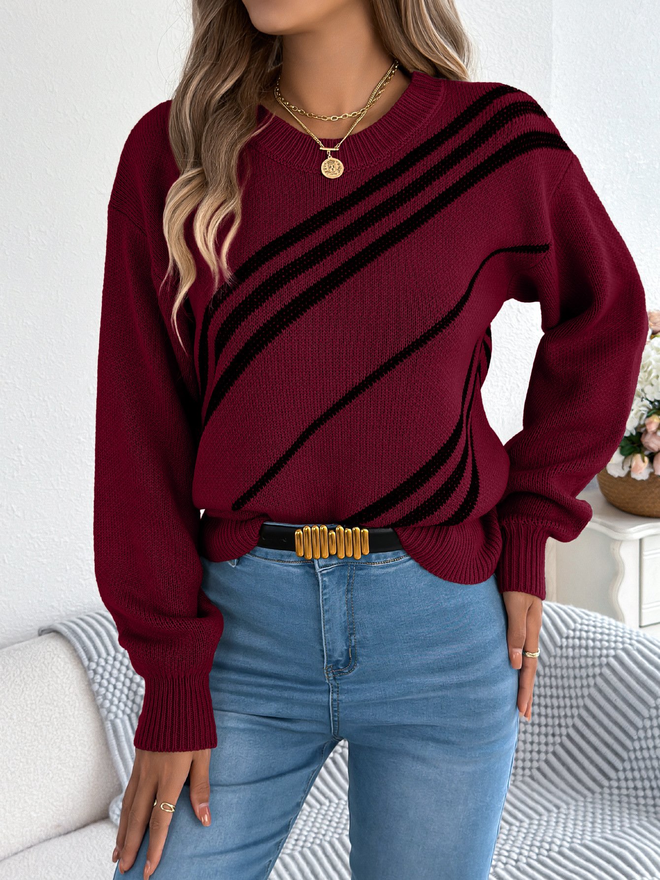 Women Cotton Geometric Long Sleeve Comfy Casual Sweater