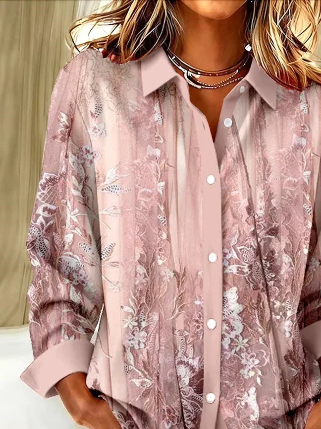 Shirt Collar Regular Sleeve Long Sleeve Floral Buckle Regular Loose Button Up Shirt Shirt For Women