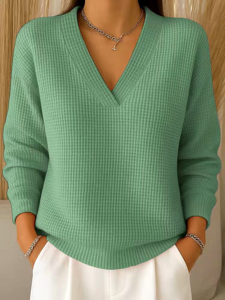 Casual Plain V Neck Long Sleeve T-shirt