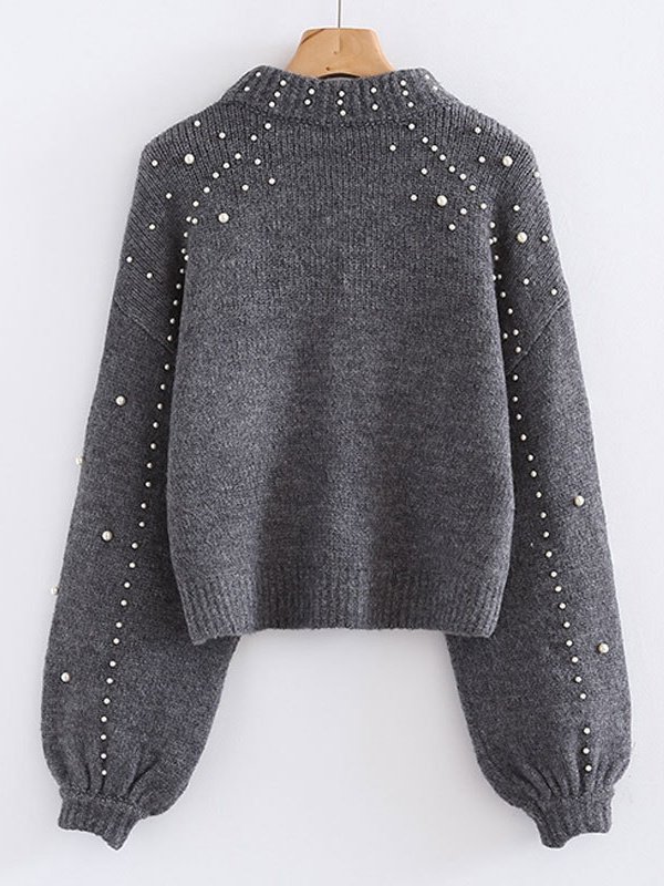 Women Cotton-Blend Plain Long Sleeve Comfy Street Beaded Sweater