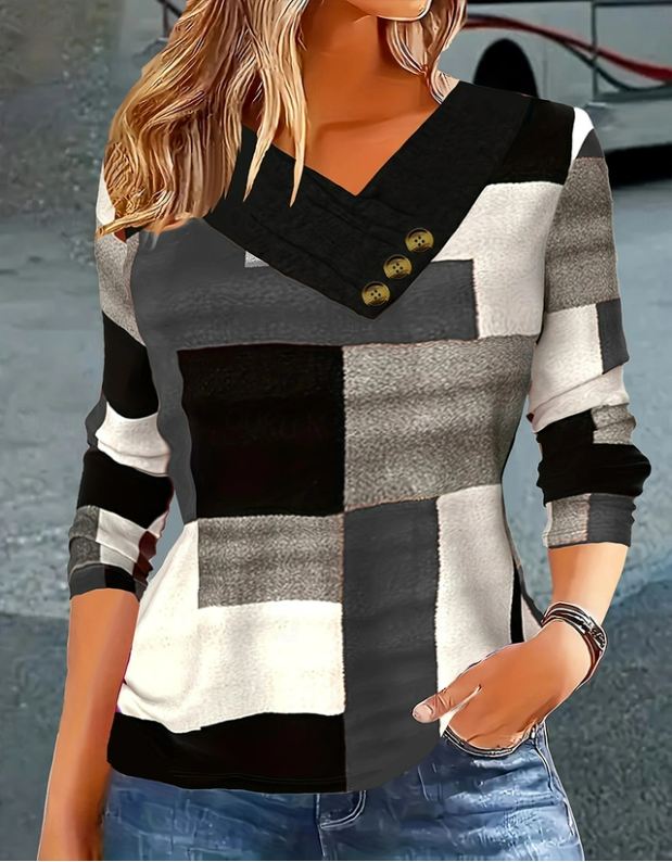 Casual Abstract Cross Neck Long Sleeve T-shirt
