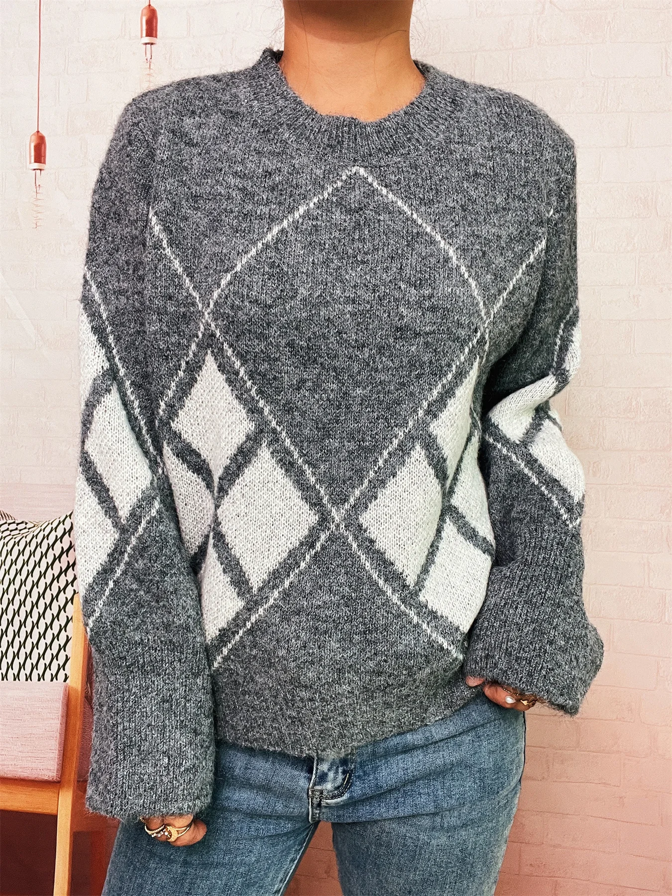 Women Cotton Geometric Long Sleeve Comfy Casual Sweater