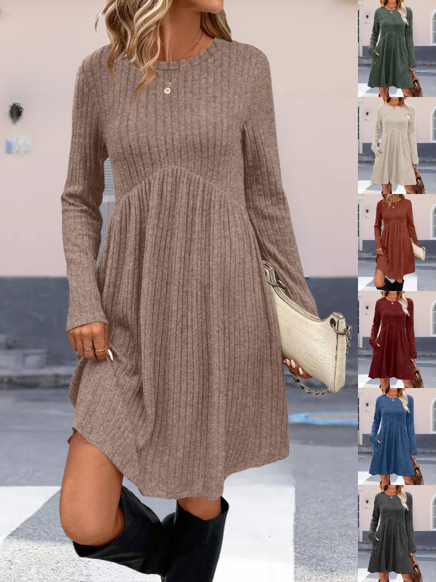 Women Plain Spring/Fall Split Joint Dress Crew Neck Long Sleeve Tank A-Line Dress
