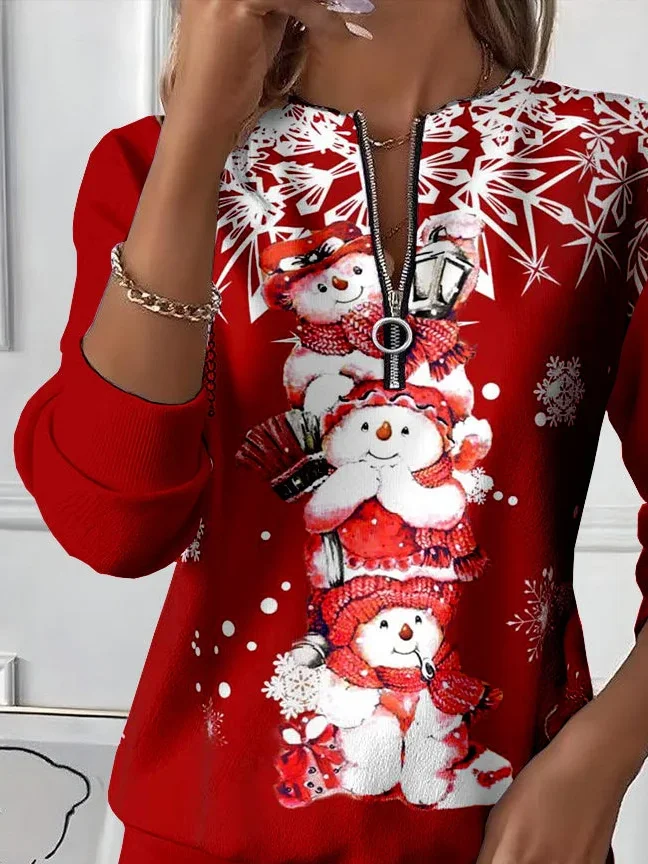 Casual Crew Neck Christmas Snowman Sweatshirt Printing