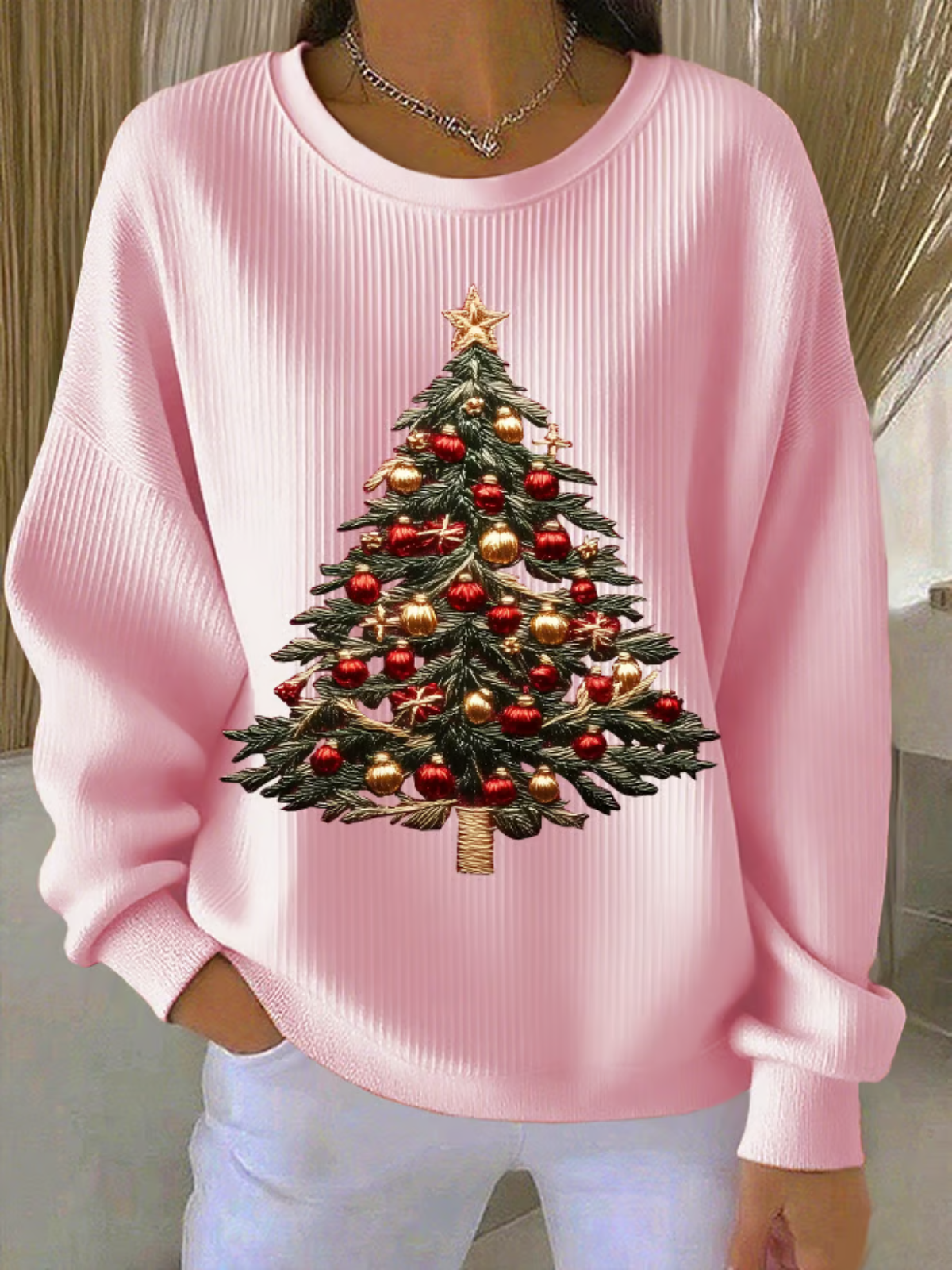 Casual Crew Neck Christmas Tree Sweatshirt
