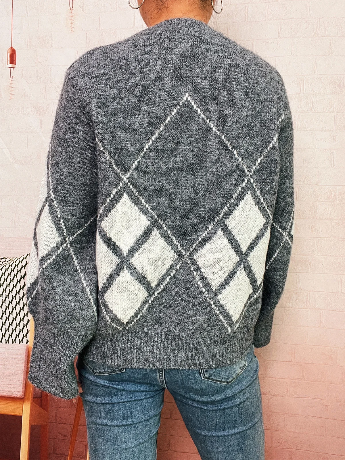 Women Cotton Geometric Long Sleeve Comfy Casual Sweater