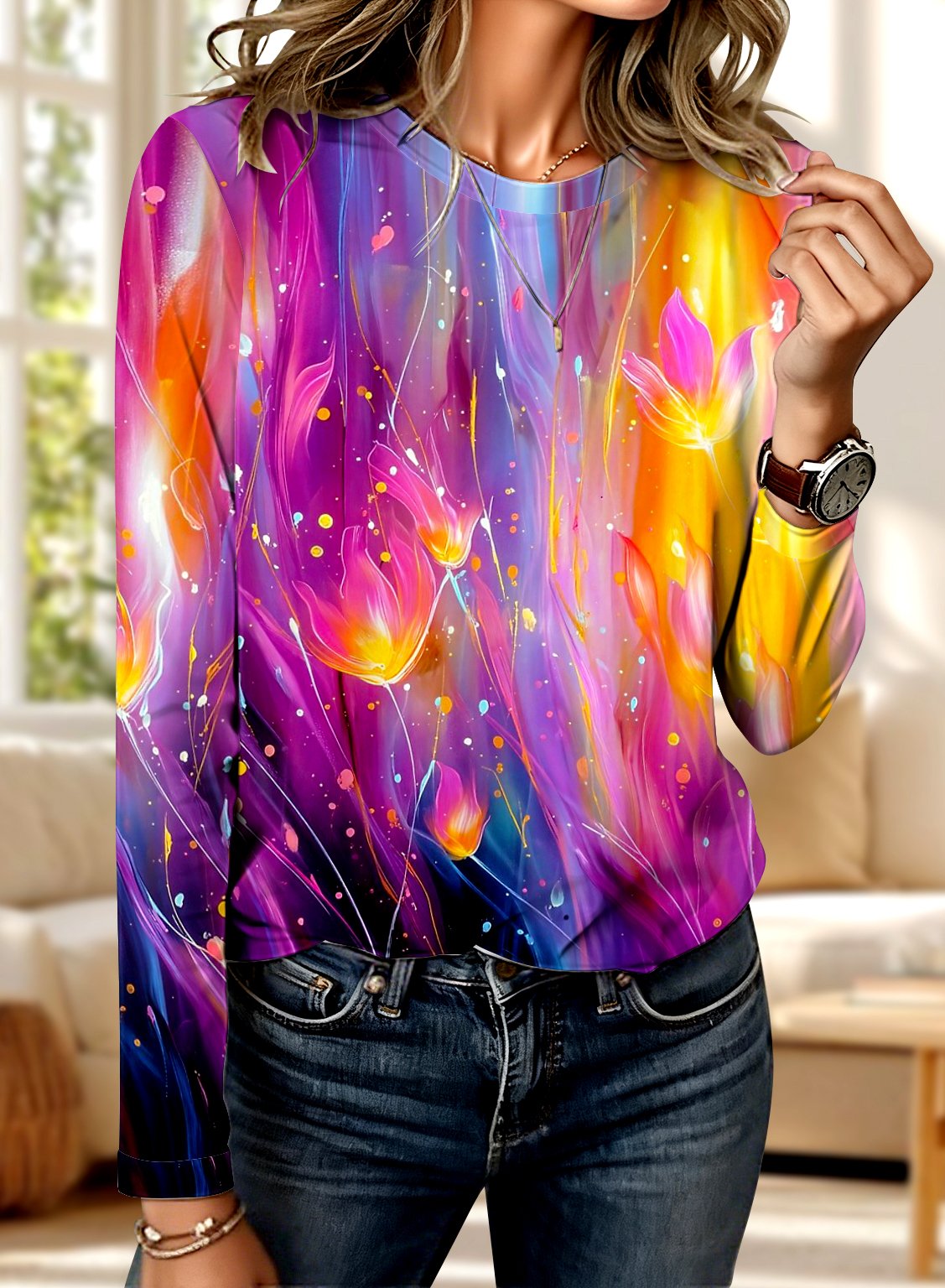 Vintage Geometric Crew Neck Long Sleeve T-shirt