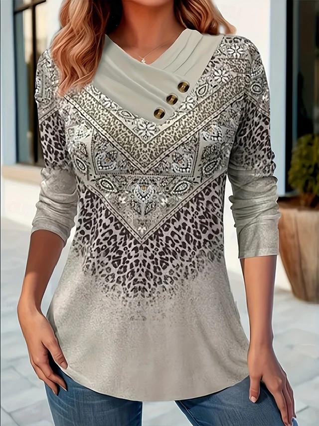 Casual Abstract Cross Neck Long Sleeve T-shirt