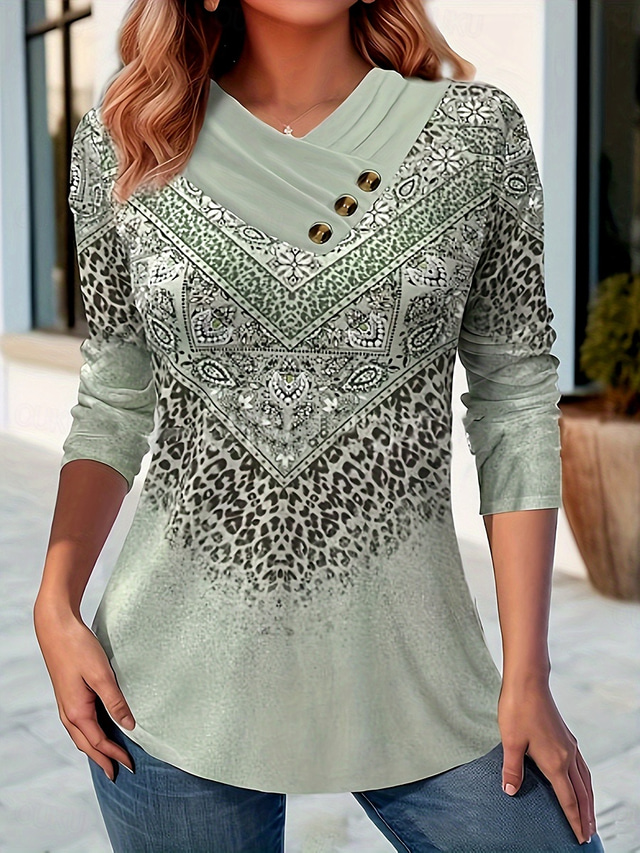 Casual Abstract Cross Neck Long Sleeve T-shirt