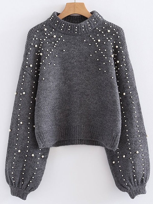 Women Cotton-Blend Plain Long Sleeve Comfy Street Beaded Sweater
