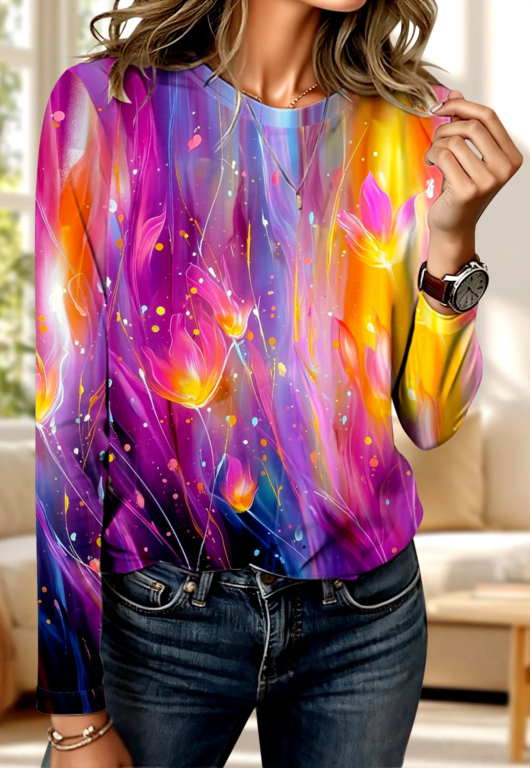 Vintage Geometric Crew Neck Long Sleeve T-shirt