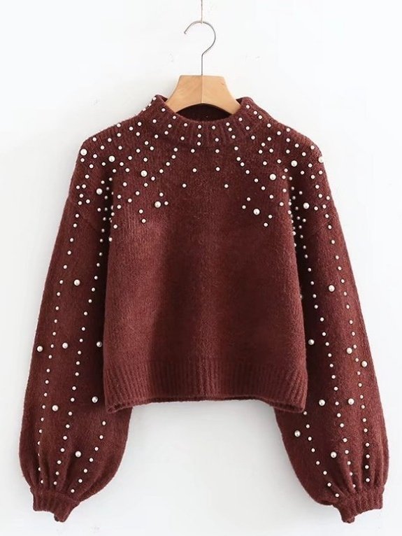 Women Cotton-Blend Plain Long Sleeve Comfy Street Beaded Sweater