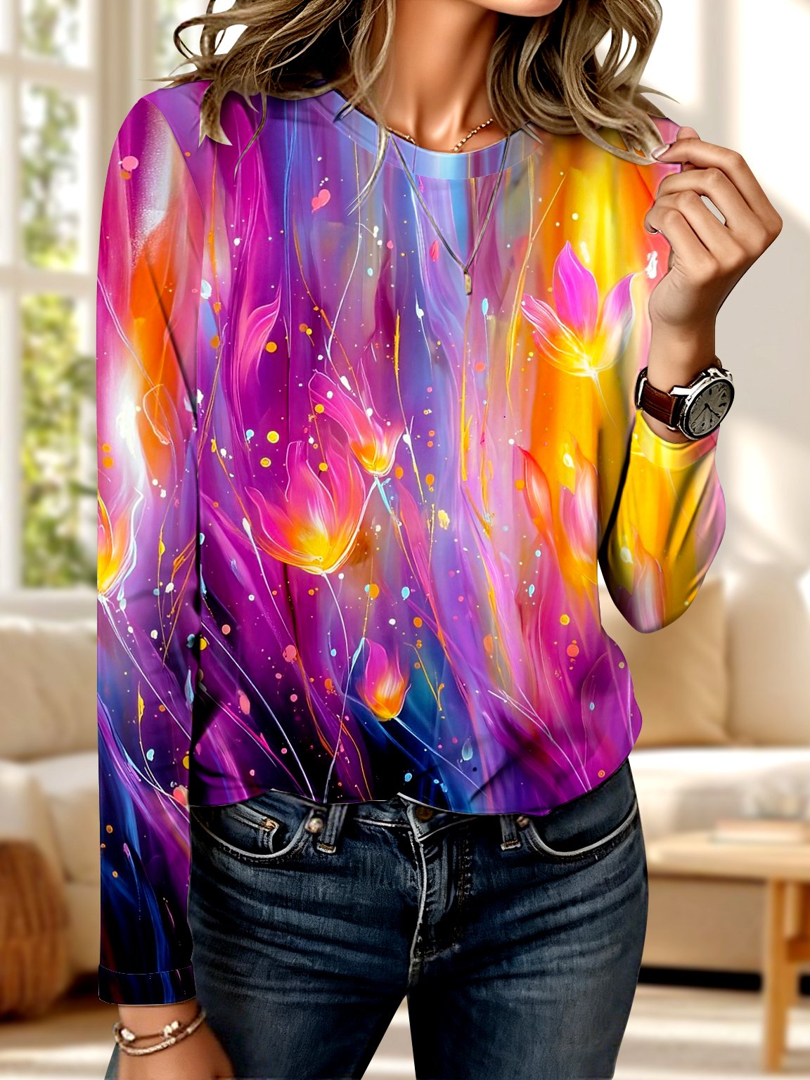 Vintage Geometric Crew Neck Long Sleeve T-shirt